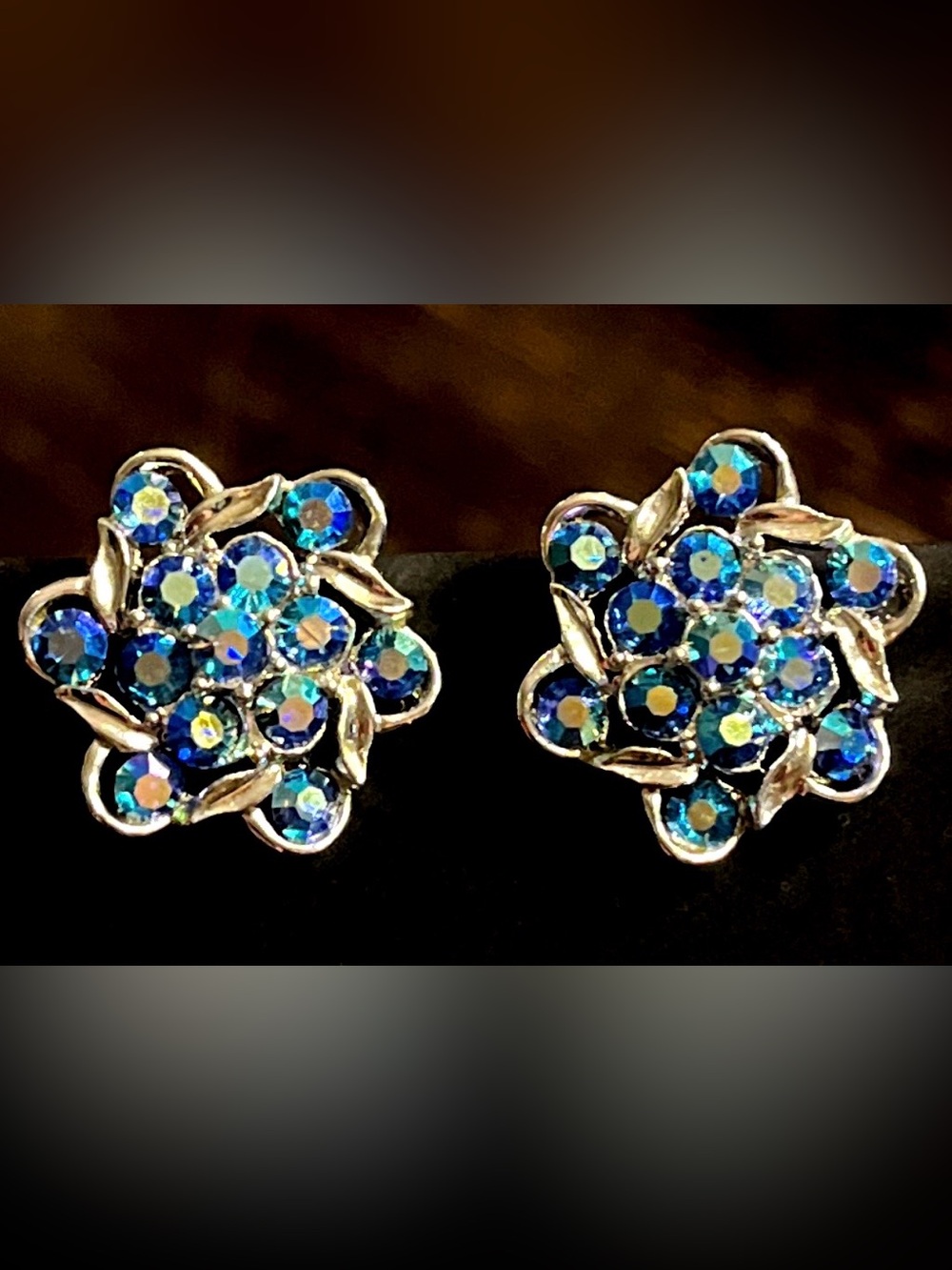 Iridescent Blue Floral Crystal Screw Back Earrings - Women Jewelry